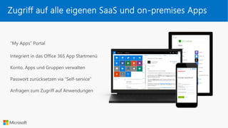 Konto, Apps und Gruppen verwalten
“My Apps” Portal
Passwort zurücksetzen via “Self-service”
Anfragen zum Zugriff auf Anwendungen
Integriert in das Office 365 App Startmenü
Zugriff auf alle eigenen SaaS und on-premises Apps
 