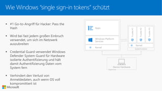 ▪ #1 Go-to-Angriff für Hacker: Pass the
Hash
▪ Wird bei fast jedem großen Einbruch
verwendet, um sich im Netzwerk
auszubreiten
▪ Credential Guard verwendet Windows
Defender System Guard für Hardware
isolierte Authentifizierung und hält
damit Authentifizierung Daten vom
System fern
▪ Verhindert den Verlust von
Anmeldedaten, auch wenn OS voll
kompromittiert ist
Kernel
Windows Platform
Services
Apps
Kernel
SystemContainer
Hypervisor
Device Hardware
Wie Windows “single sign-in tokens” schützt
 