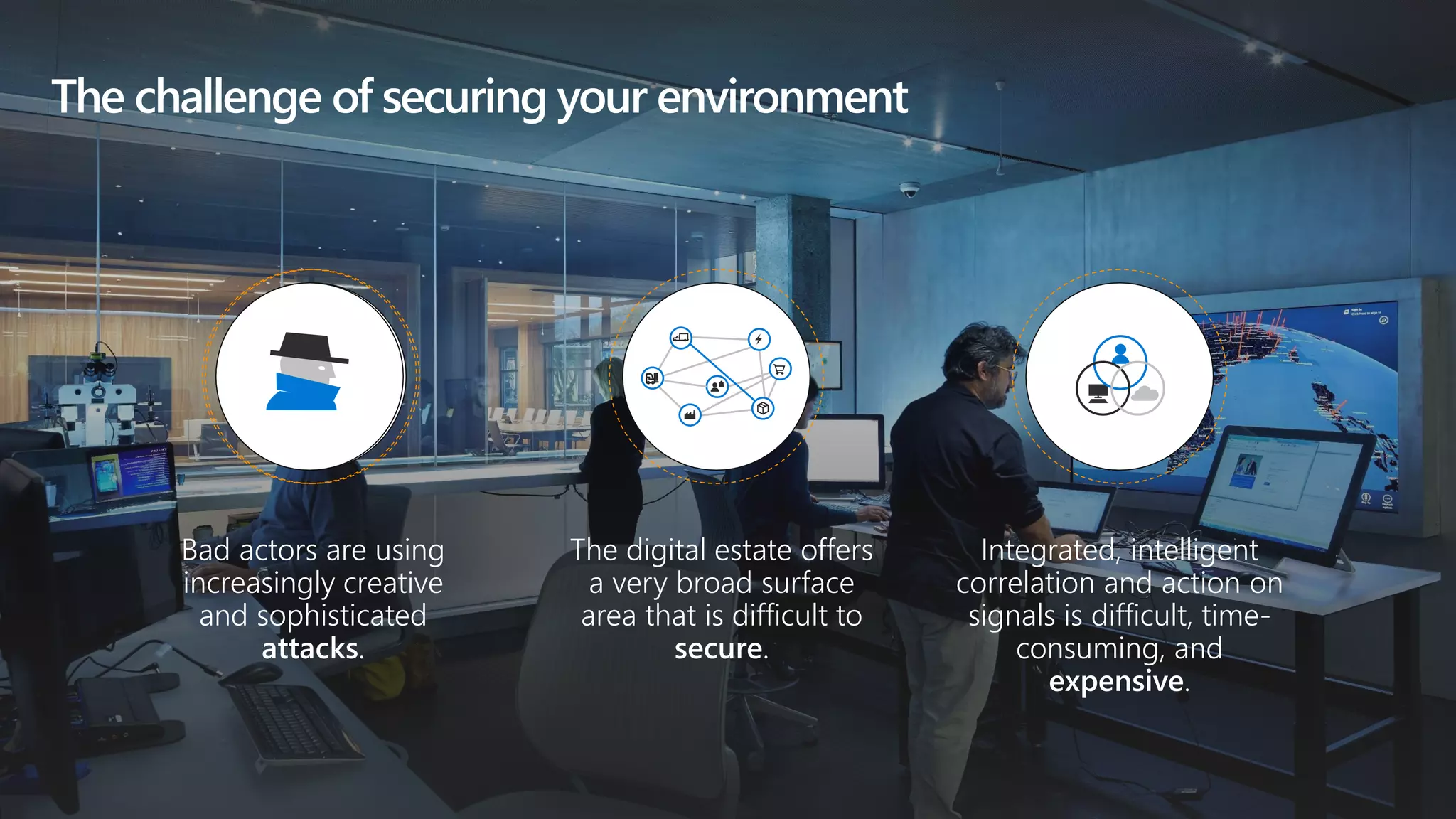 The challenge of securing your environment
The digital estate offers
a very broad surface
area that is difficult to
secure.
Bad actors are using
increasingly creative
and sophisticated
attacks.
Integrated, intelligent
correlation and action on
signals is difficult, time-
consuming, and
expensive.
 