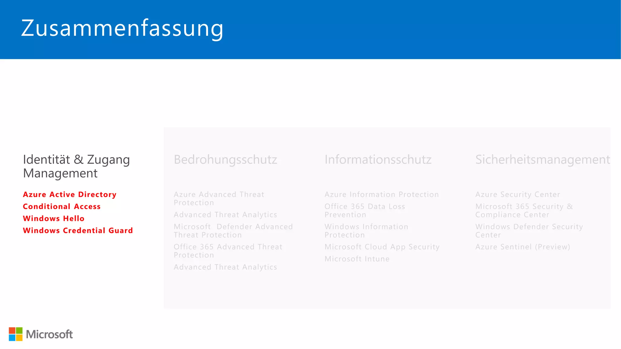 Azure Active Directory
Conditional Access
Windows Hello
Windows Credential Guard
Zusammenfassung
 