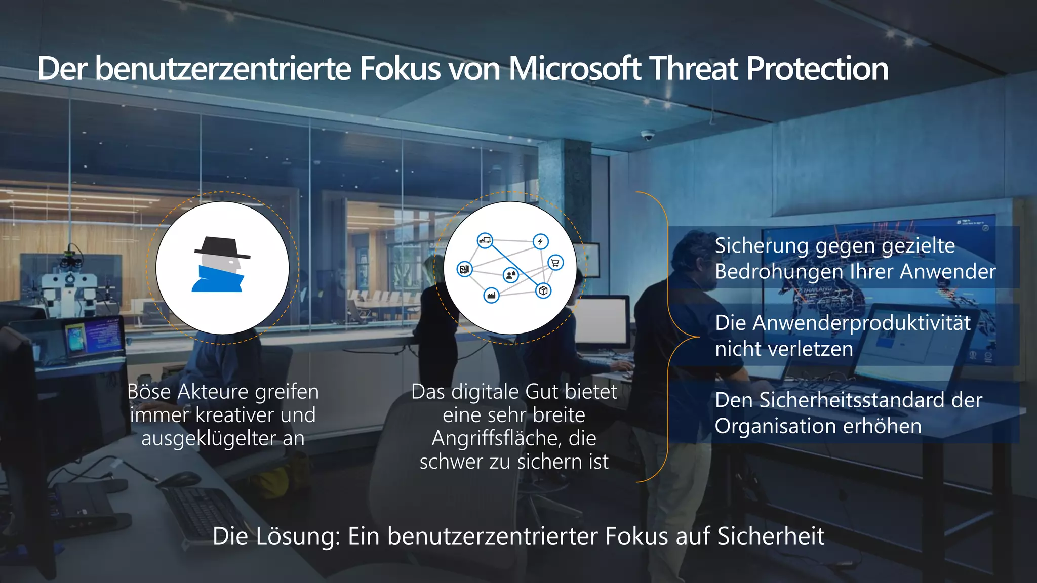 Der benutzerzentrierte Fokus von Microsoft Threat Protection
Das digitale Gut bietet
eine sehr breite
Angriffsfläche, die
schwer zu sichern ist
Böse Akteure greifen
immer kreativer und
ausgeklügelter an
Die Lösung: Ein benutzerzentrierter Fokus auf Sicherheit
Sicherung gegen gezielte
Bedrohungen Ihrer Anwender
Die Anwenderproduktivität
nicht verletzen
Den Sicherheitsstandard der
Organisation erhöhen
 