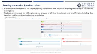 Security automation & orchestration
Privileged & Confidential |©2022, Network Intelligence. All Rights Reserved
• Automation of common tasks and simplify security orchestration with playbooks that integrate with Azure services and
existing tools
• Playbooks are intended for SOC engineers and analysts of all tiers, to automate and simplify tasks, including data
ingestion, enrichment, investigation, and remediation
 