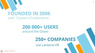 FOUNDED IN 2006
over 13 years of experience
250+ COMPANIES
use Lanteria HR
200 000+ USERS
around the Globe
5
 