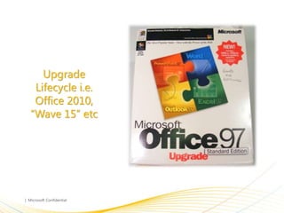 Upgrade
 Lifecycle i.e.
 Office 2010,
“Wave 15” etc
 