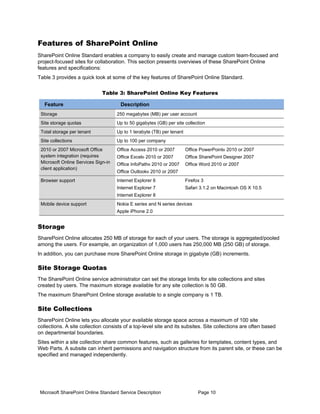 Features of SharePoint Online
SharePoint Online Standard enables a company to easily create and manage custom team-focused and
project-focused sites for collaboration. This section presents overviews of these SharePoint Online
features and specifications:
Table 3 provides a quick look at some of the key features of SharePoint Online Standard.


                              Table 3: SharePoint Online Key Features

   Feature                            Description
 Storage                             250 megabytes (MB) per user account
 Site storage quotas                 Up to 50 gigabytes (GB) per site collection
 Total storage per tenant            Up to 1 terabyte (TB) per tenant
 Site collections                    Up to 100 per company
 2010 or 2007 Microsoft Office       Office Access 2010 or 2007         Office PowerPoint® 2010 or 2007
 system integration (requires        Office Excel® 2010 or 2007         Office SharePoint Designer 2007
 Microsoft Online Services Sign-in   Office InfoPath® 2010 or 2007      Office Word 2010 or 2007
 client application)
                                     Office Outlook® 2010 or 2007
 Browser support                     Internet Explorer 6                Firefox 3
                                     Internet Explorer 7                Safari 3.1.2 on Macintosh OS X 10.5
                                     Internet Explorer 8
 Mobile device support               Nokia E series and N series devices
                                     Apple iPhone 2.0


Storage
SharePoint Online allocates 250 MB of storage for each of your users. The storage is aggregated/pooled
among the users. For example, an organization of 1,000 users has 250,000 MB (250 GB) of storage.
In addition, you can purchase more SharePoint Online storage in gigabyte (GB) increments.

Site Storage Quotas
The SharePoint Online service administrator can set the storage limits for site collections and sites
created by users. The maximum storage available for any site collection is 50 GB.
The maximum SharePoint Online storage available to a single company is 1 TB.

Site Collections
SharePoint Online lets you allocate your available storage space across a maximum of 100 site
collections. A site collection consists of a top-level site and its subsites. Site collections are often based
on departmental boundaries.
Sites within a site collection share common features, such as galleries for templates, content types, and
Web Parts. A subsite can inherit permissions and navigation structure from its parent site, or these can be
specified and managed independently.




 Microsoft SharePoint Online Standard Service Description                     Page 10
 