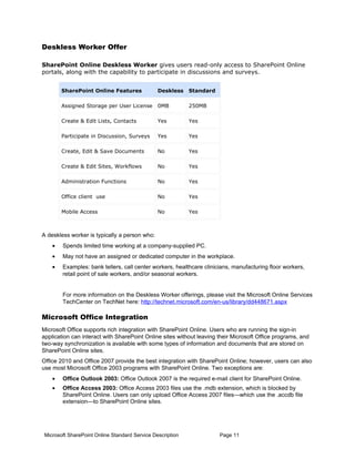 Deskless Worker Offer

SharePoint Online Deskless Worker gives users read-only access to SharePoint Online
portals, along with the capability to participate in discussions and surveys.


        SharePoint Online Features              Deskless    Standard

        Assigned Storage per User License       0MB         250MB

        Create & Edit Lists, Contacts           Yes         Yes

        Participate in Discussion, Surveys      Yes         Yes

        Create, Edit & Save Documents           No          Yes

        Create & Edit Sites, Workflows          No          Yes

        Administration Functions                No          Yes

        Office client use                       No          Yes

        Mobile Access                           No          Yes



A deskless worker is typically a person who:
    •   Spends limited time working at a company-supplied PC.
    •   May not have an assigned or dedicated computer in the workplace.
    •   Examples: bank tellers, call center workers, healthcare clinicians, manufacturing floor workers,
        retail point of sale workers, and/or seasonal workers.


        For more information on the Deskless Worker offerings, please visit the Microsoft Online Services
        TechCenter on TechNet here: http://technet.microsoft.com/en-us/library/dd448671.aspx

Microsoft Office Integration
Microsoft Office supports rich integration with SharePoint Online. Users who are running the sign-in
application can interact with SharePoint Online sites without leaving their Microsoft Office programs, and
two-way synchronization is available with some types of information and documents that are stored on
SharePoint Online sites.
Office 2010 and Office 2007 provide the best integration with SharePoint Online; however, users can also
use most Microsoft Office 2003 programs with SharePoint Online. Two exceptions are:
    •   Office Outlook 2003: Office Outlook 2007 is the required e-mail client for SharePoint Online.
    •   Office Access 2003: Office Access 2003 files use the .mdb extension, which is blocked by
        SharePoint Online. Users can only upload Office Access 2007 files—which use the .accdb file
        extension—to SharePoint Online sites.




 Microsoft SharePoint Online Standard Service Description              Page 11
 