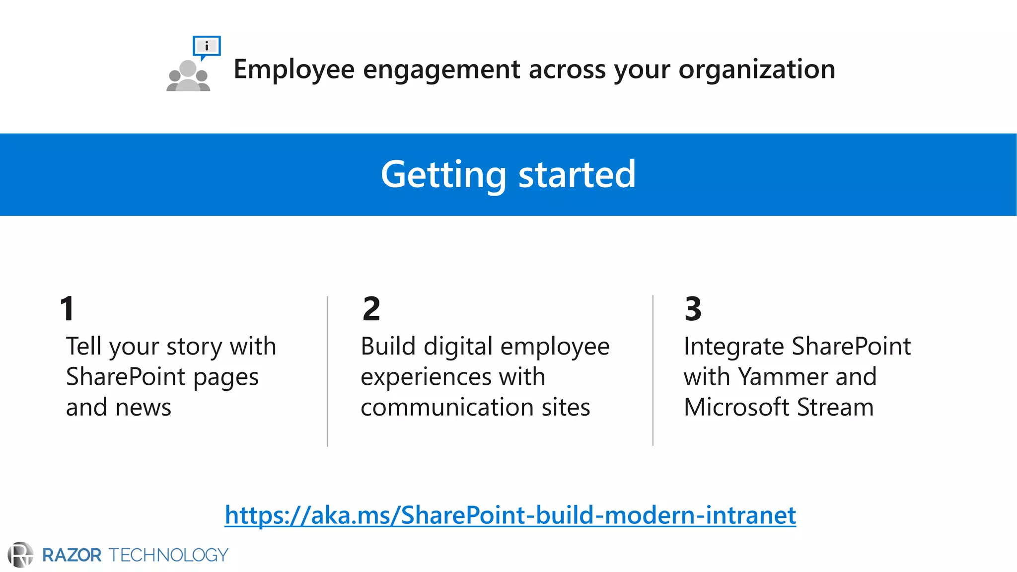 Tell your story with
SharePoint pages
and news
Build digital employee
experiences with
communication sites
Integrate SharePoint
with Yammer and
Microsoft Stream
https://aka.ms/SharePoint-build-modern-intranet
 