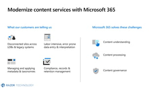 What our customers are telling us
Modernize content services with Microsoft 365
Labor intensive, error prone
data entry & interpretation
Compliance, records &
retention management
Disconnected silos across
LOBs & legacy systems
Managing and applying
metadata & taxonomies
Microsoft 365 solves these challenges
Content understanding
Content processing
Content governance
 