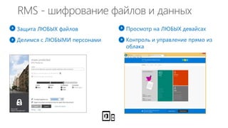 RMS - шифрование файлов и данных
Защита ЛЮБЫХ файлов
Делимся с ЛЮБЫМИ персонами
Просмотр на ЛЮБЫХ девайсах
Контроль и управление прямо из
облака
 