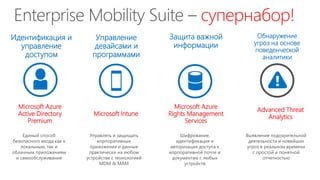 супернабор!
Microsoft Intune
Microsoft Azure
Active Directory
Premium
Microsoft Azure
Rights Management
Services
Управление
девайсами и
программами
Идентификация и
управление
доступом
Защита важной
информации
Обнаружение
угроз на основе
поведенческой
аналитики
Advanced Threat
Analytics
Единый способ
безопасного входа как к
локальным, так и
облачным приложениям
и самообслуживание
Управлять и защищать
корпоративные
приложения и данные
практически на любом
устройстве с технологией
MDM & MAM
Шифрование,
идентификация и
авторизация доступа к
корпоративной почте и
документам с любых
устройств
Выявление подозрительной
деятельности и новейших
угроз в реальном времени
с простой и понятной
отчетностью
 