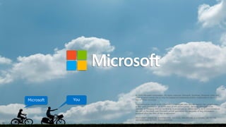 YouMicrosoft
© 2018 Microsoft Corporation. All rights reserved. Microsoft, Windows, Windows Vista and
other product names are or may be registered trademarks and/or trademarks in the U.S.
and/or other countries.
The information herein is for informational purposes only and represents the current view
of Microsoft Corporation as of the date of this presentation. Because Microsoft must
respond to changing market conditions, it should not be interpreted to be a commitment on
the part of Microsoft, and Microsoft cannot guarantee the accuracy of any information
provided after the date of this presentation.
MICROSOFT MAKES NO WARRANTIES, EXPRESS, IMPLIED OR STATUTORY, AS TO THE
INFORMATION IN THIS PRESENTATION.
 