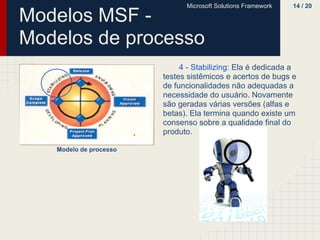 Microsoft Solutions Framework   14 / 20

Modelos MSF -
Modelos de processo
                             4 - Stabilizing: Ela é dedicada a
                        testes sistêmicos e acertos de bugs e
                        de funcionalidades não adequadas a
                        necessidade do usuário. Novamente
                        são geradas várias versões (alfas e
                        betas). Ela termina quando existe um
                        consenso sobre a qualidade final do
                        produto.

   Modelo de processo
 