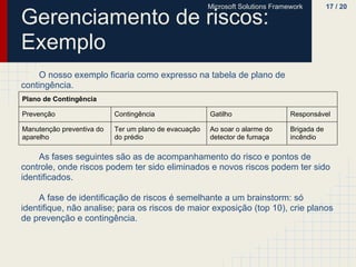 Microsoft Solutions Framework         17 / 20

Gerenciamento de riscos:
Exemplo
     O nosso exemplo ficaria como expresso na tabela de plano de
contingência.
Plano de Contingência

Prevenção                  Contingência                Gatilho                  Responsável

Manutenção preventiva do   Ter um plano de evacuação   Ao soar o alarme do      Brigada de
aparelho                   do prédio                   detector de fumaça       incêndio

    As fases seguintes são as de acompanhamento do risco e pontos de
controle, onde riscos podem ter sido eliminados e novos riscos podem ter sido
identificados.

    A fase de identificação de riscos é semelhante a um brainstorm: só
identifique, não analise; para os riscos de maior exposição (top 10), crie planos
de prevenção e contingência.
 