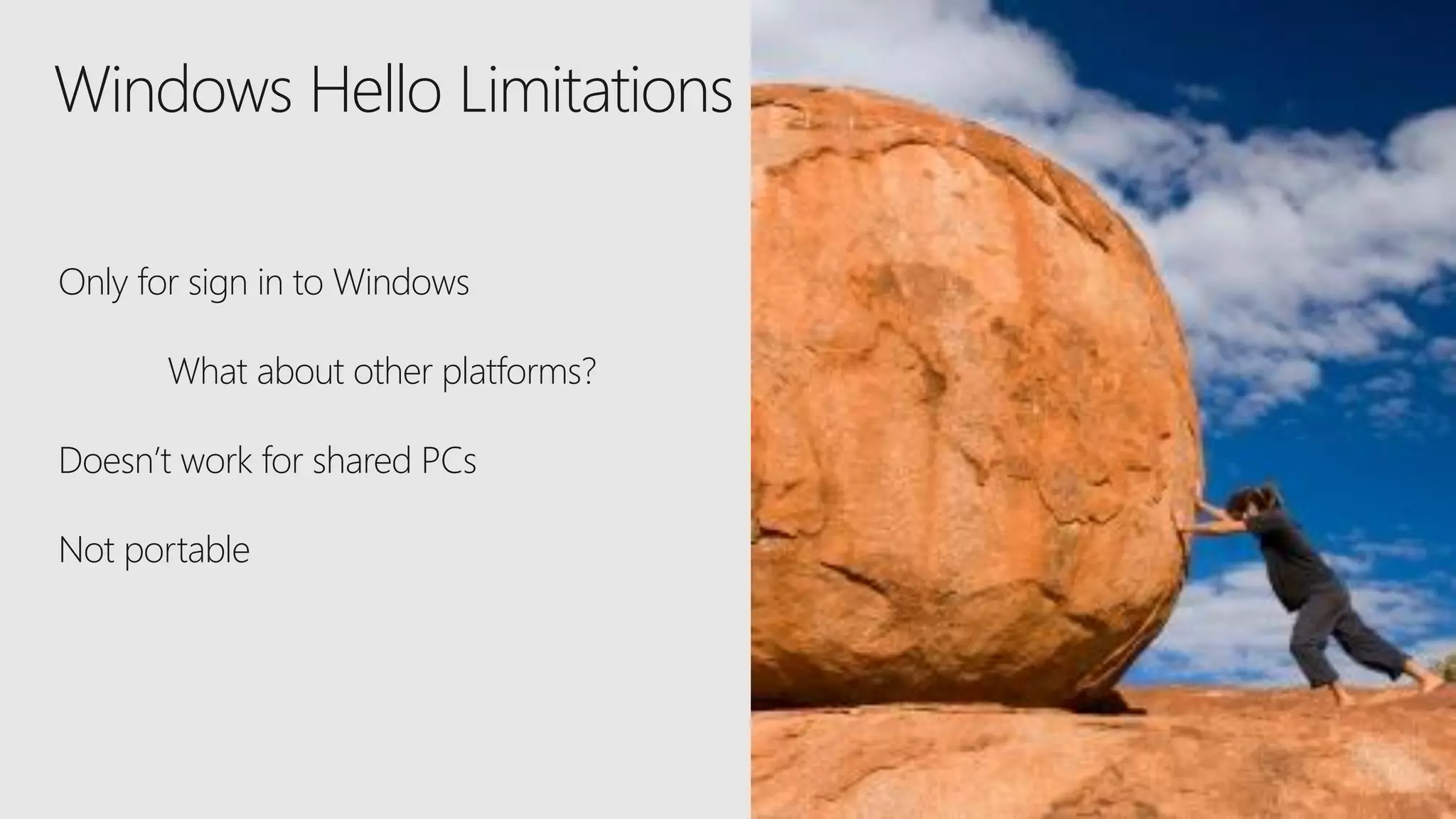 Only for sign in to Windows
What about other platforms?
Doesn’t work for shared PCs
Not portable
Windows Hello Limitations
manini.roy@hotmail.com
 