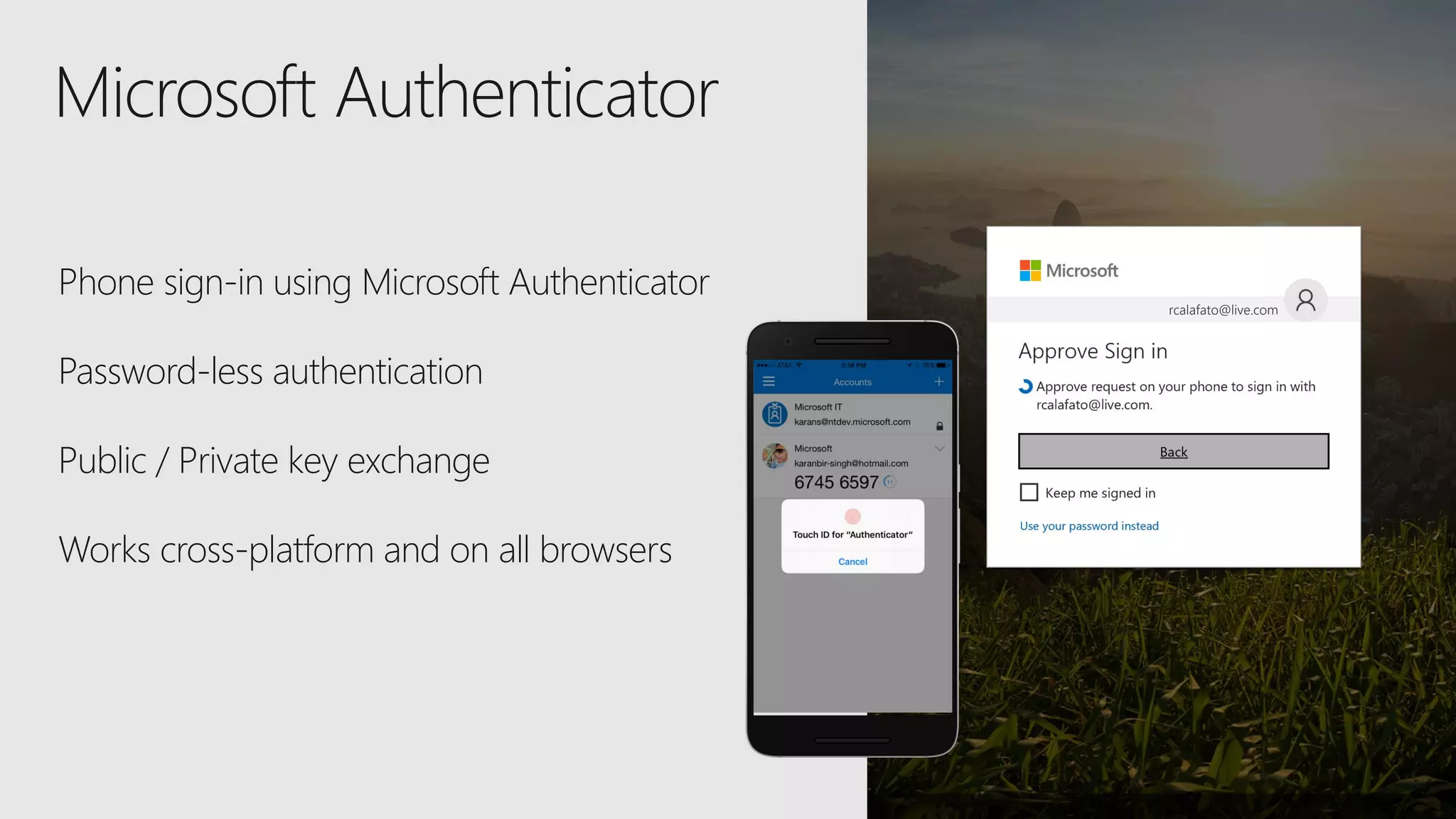 Phone sign-in using Microsoft Authenticator
Password-less authentication
Public / Private key exchange
Works cross-platform and on all browsers
Microsoft Authenticator
rcalafato@live.com
 
