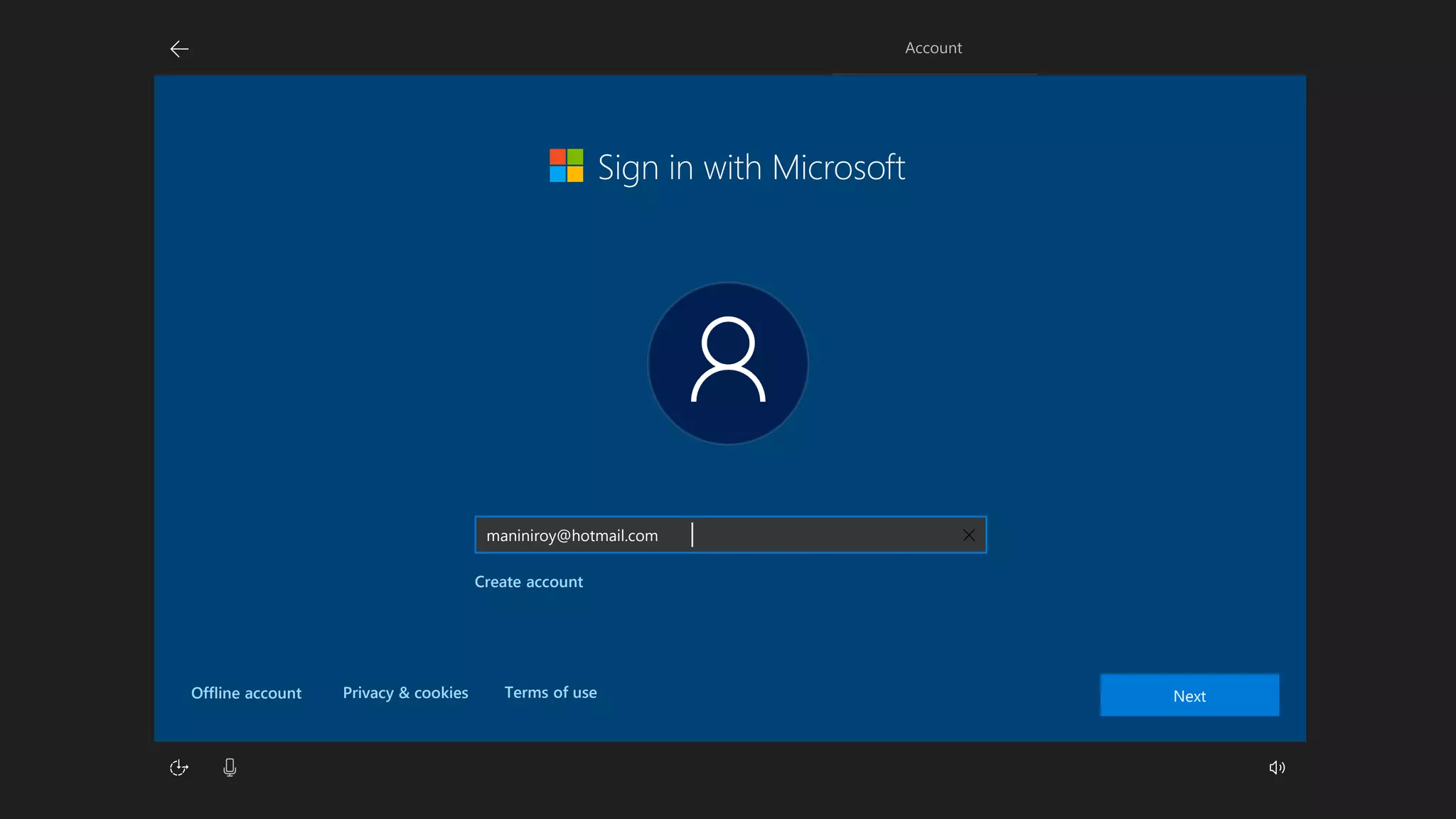 Next
Create account
maniniroy@hotmail.com
Sign in with Microsoft
Offline account Terms of usePrivacy & cookies
 
