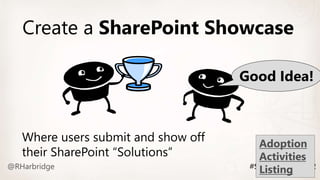 Create a SharePoint Showcase
Where users submit and show off
their SharePoint “Solutions”
Good Idea!
Adoption
Activities
Listing
 