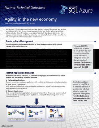 Partner Technical Datasheet


Agility in the new economy
Transform your business with SQL Azure.

 SQL Azure is a cloud-based relational database platform built on Microsoft® SQL Server®
 technologies. With SQL Azure, you can easily provision and deploy relational database
 solutions to the cloud. These take advantage of a globally distributed data center that
 provides enterprise-class availability, scalability, and security features with the benefits of a
 self-healing, low maintenance database infrastructure.


 Trends in Data Management
 Organizations are seeing a proliferation of data as requirements to access and
 manage information increase.                                                                                                            “The cost of RDBMS
 Data management is a growing component of IT spend. New database deployment is                                                          software has increased
 proliferating, creating management challenges. New types of data-driven web applications                                                by 18% or more per year
 are emerging, business data needs are more demanding, and data management challenges                                                    in recent years, putting
 are more complex. More and more applications need to integrate among disparate systems,
 frequently outside organizational boundaries.
                                                                                                                                         further pressure on
                                                                                                                                         enterprises to look for
 As data proliferates and complexity grows, organizations are facing shrinking budgets and                                               alternate solutions.”
 pressures to do more with reduced resources. Businesses are looking for ways to lower their
 upfront capital expenditure while quickly scaling to meet growing demands.                                                              Forrester: Database-as-a-
                                                                                                                                         service explodes on the
 Database-as-a-service, provisioned in the cloud, provides a compelling alternative to meet
 these growing demands.
                                                                                                                                         scene, July 31, 2008


 Partner Application Scenarios
 Build new web-based solutions or extend existing applications to the cloud with a
 reliable and trustworthy database platform.
 1. Packaged Applications.
 Convert or extend a packaged application with a relational database to a cloud application.                                            “Production databases
 2. Web-based Applications.                                                                                                             account for only 25% of
 Build Innovative web-based applications that use new data models for distributed client                                                all databases deployed in
 applications on multiple devices.                                                                                                      an enterprise, with 75%
 3. Custom Applications.                                                                                                                related to supporting
 Build or migrate custom applications for departments with no IT support, customers that
                                                                                                                                        application development.”
 want to virtualize an existing custom application, or simplify data management among
 custom applications.                                                                                                                   Forrester: Database-as-
                                                                                                                                        service explodes on the
                                                                                                                                        scene, July 31, 2008

  1        Package Application                  2   Web-based Application                3         Custom Application




                                                                                             Consolidate data and virtualize existing
      Expand your business by extending your        Innovate SaaS application or web         custom applications or build new ones
       current packaged offering to the cloud        applications of all scale quickly                 quickly and easily
 