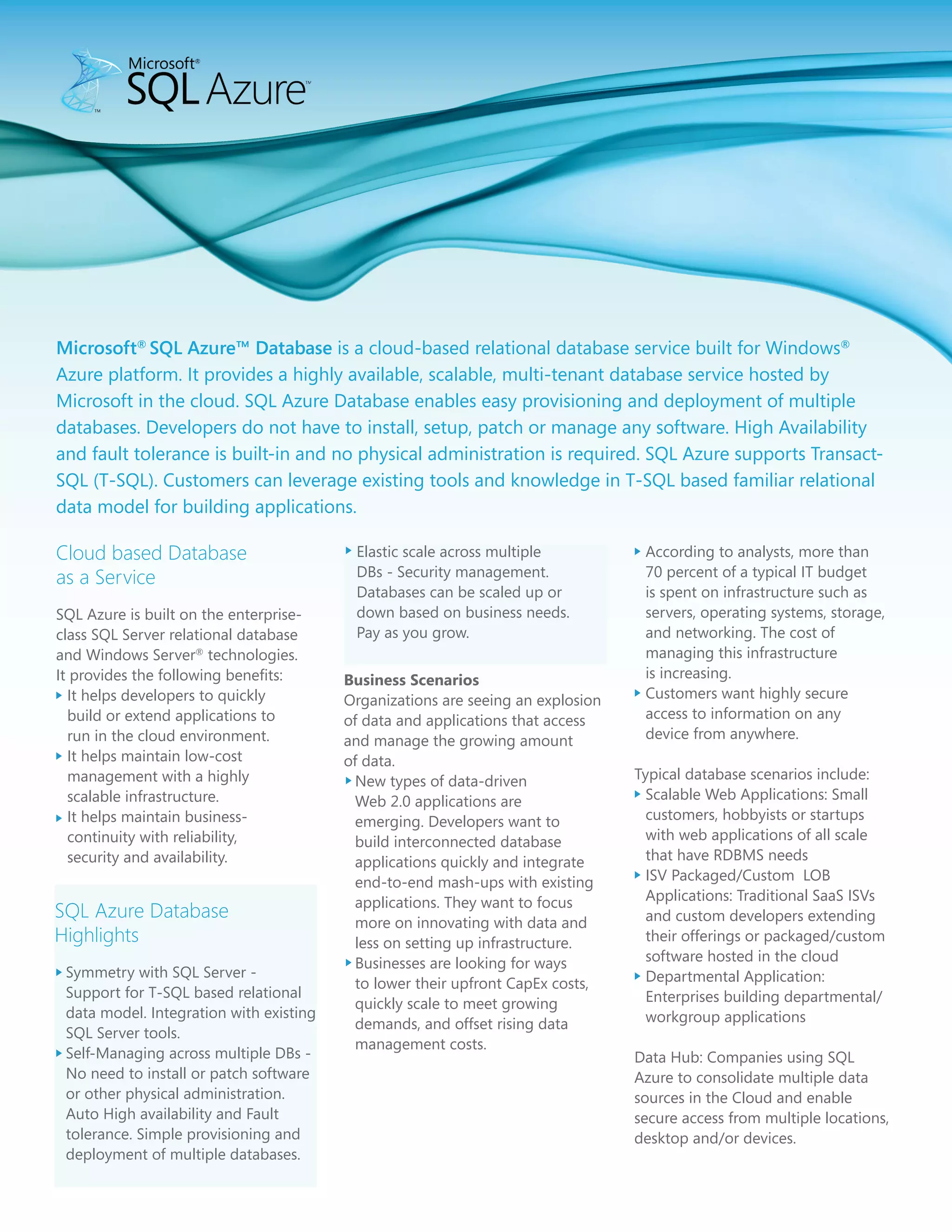 Microsoft SQL Azure - Cloud Based Database Datasheet | PDF