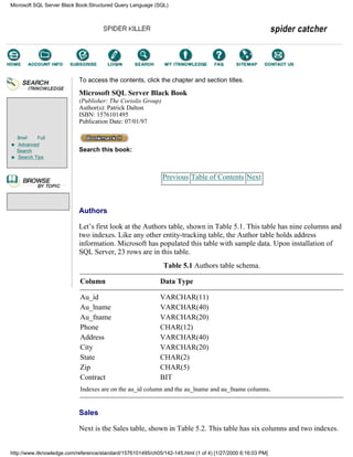 Brief Full
Advanced
Search
Search Tips
To access the contents, click the chapter and section titles.
Microsoft SQL Server Black Book
(Publisher: The Coriolis Group)
Author(s): Patrick Dalton
ISBN: 1576101495
Publication Date: 07/01/97
Search this book:
Previous Table of Contents Next
Authors
Let’s first look at the Authors table, shown in Table 5.1. This table has nine columns and
two indexes. Like any other entity-tracking table, the Author table holds address
information. Microsoft has populated this table with sample data. Upon installation of
SQL Server, 23 rows are in this table.
Table 5.1 Authors table schema.
Column Data Type
Au_id VARCHAR(11)
Au_lname VARCHAR(40)
Au_fname VARCHAR(20)
Phone CHAR(12)
Address VARCHAR(40)
City VARCHAR(20)
State CHAR(2)
Zip CHAR(5)
Contract BIT
Indexes are on the au_id column and the au_lname and au_fname columns.
Sales
Next is the Sales table, shown in Table 5.2. This table has six columns and two indexes.
Microsoft SQL Server Black Book:Structured Query Language (SQL)
http://www.itknowledge.com/reference/standard/1576101495/ch05/142-145.html (1 of 4) [1/27/2000 6:16:03 PM]
Go!
Keyword
-----------
Go!
 