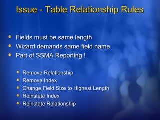 Issue - Table Relationship RulesIssue - Table Relationship Rules
Fields must be same lengthFields must be same length
Wizard demands same field nameWizard demands same field name
Part of SSMA Reporting !Part of SSMA Reporting !
Remove RelationshipRemove Relationship
Remove IndexRemove Index
Change Field Size to Highest LengthChange Field Size to Highest Length
Reinstate IndexReinstate Index
Reinstate RelationshipReinstate Relationship
 