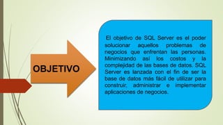 OBJETIVO
El objetivo de SQL Server es el poder
solucionar aquellos problemas de
negocios que enfrentan las personas.
Minimizando así los costos y la
complejidad de las bases de datos. SQL
Server es lanzada con el fin de ser la
base de datos más fácil de utilizar para
construir, administrar e implementar
aplicaciones de negocios.
 