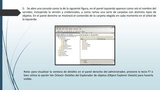 5- Se abre una consola como la de la siguiente figura, en el panel izquierdo aparece como raíz el nombre del
servidor, incluyendo la versión y credenciales, y como ramas una serie de carpetas con distintos tipos de
objetos. En el panel derecho se mostrará el contenido de la carpeta elegida en cada momento en el árbol de
la izquierda.
Nota: para visualizar la ventana de detalles en el panel derecho del administrador, presione la tecla F7 o
bien utilice la opción Ver (View)> Detalles del Explorador de objetos (Object Explorer Details) para hacerla
visible.
 