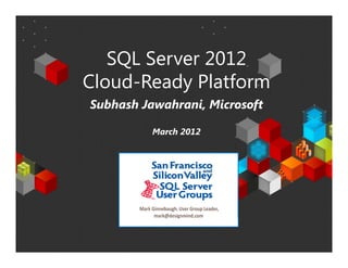SQL Server 2012
                            Cloud-
                            Cloud-Ready Platform
                                Subhash Jawahrani, Microsoft

                                                                       March 2012




 ‹  0 L RV WRU DWRQ$O UJKW U HU
          FU RI    SRU L    O L V HV YHG0 L RV W : L
                                              FU RI  QGRZ V : L
                                                              QGRZ V 9L W DQG RW SU
                                                                       VD        KHU RGXFWQDP HV DU RUP D EH U V HU W DGHP DU DQG W DGHP DU L W 8 DQG RW FRXQW L 
                                                                                                   H           HJL W HG U     NV    RU U       NV Q KH 6   RU KHU    UHV
7KH L RU DWRQ KHU Q L I L RU DWRQDOSXU HV RQO DQG U HV V W FXU HQWYL RI0 L RV WRU DWRQ DV RIW GDW RIW V SU HQW L
    QI P L       HL V RU QI P L        SRV            HSU HQW KH   U     HZ      FU RI   SRU L         KH    H     KL HV DWRQ %HFDXV 0 L RV WP XV U SRQG W FKDQJL P DU
                                                                                                                                       H FU RI       W HV   R     QJ    NHW
         WRQV W KRXO QRWEH L HU HW W EH D FRP P LP HQWRQ W SDU RI0 L RV W DQG 0 L RV WFDQQRWJXDU HH W DFFXU RIDQ L RU DWRQ SU GHG DI HUW GDW RIW V SU HQW L
    FRQGLL L V     G      QW SU HG R             W         KH   W    FU RI        FU RI            DQW KH        DF     QI P L      RYL     W KH     H KL HV DWRQ
                                0,52 62 )7 0 $.(6 1 2 : $55$1 7, (;35(66, 3/, 2 5 67$7872 5$6 72 7+ ( , )2 50 $7, 1 , 7+ , 35(6(1 7$7, 1 
                                                                (6         0   ('                          1          2 1   6            2
 