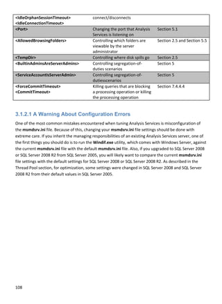 108 
 
<IdleOrphanSessionTimeout> 
<IdleConnectionTimeout> 
connect/disconnects 
<Port>  Changing the port that Analysis 
Services is listening on 
Section 5.1 
<AllowedBrowsingFolders>  Controlling which folders are 
viewable by the server 
administrator 
Section 2.5 and Section 5.5 
<TempDir>  Controlling where disk spills go  Section 2.5 
<BuiltinAdminsAreServerAdmins>  Controlling segregation‐of‐
duties scenarios 
Section 5 
<ServiceAccountIsServerAdmin>  Controlling segregation‐of‐
dutiesscenarios 
Section 5 
<ForceCommitTimeout> 
<CommitTimeout> 
Killing queries that are blocking 
a processing operation or killing 
the processing operation 
Section 7.4.4.4 
 
3.1.2.1 A Warning About Configuration Errors
One of the most common mistakes encountered when tuning Analysis Services is misconfiguration of 
the msmdsrv.ini file. Because of this, changing your msmdsrv.ini file settings should be done with 
extreme care. If you inherit the managing responsibilities of an existing Analysis Services server, one of 
the first things you should do is to run the Windif.exe utility, which comes with Windows Server, against 
the current msmdsrv.ini file with the default msmdsrv.ini file. Also, if you upgraded to SQL Server 2008 
or SQL Server 2008 R2 from SQL Server 2005, you will likely want to compare the current msmdsrv.ini 
file settings with the default settings for SQL Server 2008 or SQL Server 2008 R2. As described in the 
Thread Pool section, for optimization, some settings were changed in SQL Server 2008 and SQL Server 
2008 R2 from their default values in SQL Server 2005. 
 