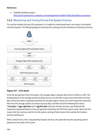 139 
 
References: 
 CodePlex ResMon project ‐ 
http://sqlsrvanalysissrvcs.codeplex.com/wikipage?title=ResMon%20Cube%20Documentation 
3.2.6 Monitoring and Tuning I/O and File System Caches
To tune the Analysis Services I/O subsystem, it is helpful to understand how a user query is translated 
into I/O requests. The following diagram illustrates the caching and I/O architecture of Analysis Services. 
 
Figure 57 - I/O stack
From the perspective of the I/O system, the storage engine requests data from an offset in a file. The 
building blocks of the storage used by Analysis Services are the files used to store dimension and fact 
data. Dimension data is typically cached by the storage engine. Hence, the most frequently requested 
files from the storage system are measure group data, and they have the following file names: 
*.fact.data, *.aggs.rigid.data and *.agg.flex.data. Because Analysis Services uses buffered I/O, 
frequently requested blocks in files are typically retained by the NTFS file system cache. Note that this 
means that the memory used for the file system caching of data comes from outside the Analysis 
Services working set.  
When a block from a file is requested by Analysis Services, the path taken by the operating system 
depends on the state of the cache. 
 