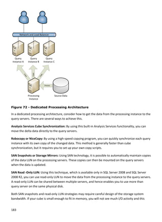 183 
 
Query
Instance A
Query
Instance B
Query 
Instance C
Network and Load Balancer
Copy
Copy
Processing
Instance
Process
Source Data
 
Figure 72 - Dedicated Processing Architecture
In a dedicated processing architecture, consider how to get the data from the processing instance to the 
query servers. There are several ways to achieve this. 
Analysis Services Cube Synchronization: By using this built‐in Analysis Services functionality, you can 
move the delta data directly to the query servers.  
Robocopy or NiceCopy: By using a high‐speed copying program, you can quickly synchronize each query 
instance with its own copy of the changed data. This method is generally faster than cube 
synchronization, but it requires you to set up your own copy scripts. 
SAN Snapshots or Storage Mirrors: Using SAN technology, it is possible to automatically maintain copies 
of the data LUN on the processing servers. These copies can then be mounted on the query servers 
when the data is updated. 
SAN Read ‐Only LUN: Using this technique, which is available only in SQL Server 2008 and SQL Server 
2008 R2, you can use read‐only LUN to move the data from the processing instance to the query servers. 
A read‐only LUN can be shared between multiple servers, and hence enables you to use more than 
query server on the same physical disk. 
Both SAN snapshots and read‐only LUN strategies may require careful design of the storage system 
bandwidth. If your cube is small enough to fit in memory, you will not see much I/O activity and this 
 