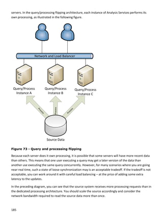 185 
 
servers. In the query/processing flipping architecture, each instance of Analysis Services performs its 
own processing, as illustrated in the following figure. 
Process
Process
Process
 
Figure 73 - Query and processing flipping
Because each server does it own processing, it is possible that some servers will have more recent data 
than others. This means that one user executing a query may get a later version of the data than 
another use executing the same query concurrently. However, for many scenarios where you are going 
near‐real time, such a state of loose synchronization may is an acceptable tradeoff. If the tradeoff is not 
acceptable, you can work around it with careful load balancing – at the price of adding some extra 
latency to the updates. 
In the preceding diagram, you can see that the source system receives more processing requests than in 
the dedicated processing architecture. You should scale the source accordingly and consider the 
network bandwidth required to read the source data more than once. 
 