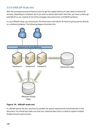 188 
 
3.5.5.4 ROLAP Scale Out
With the query/processing architecture you can get the update latency of cubes down to around 30 
minutes, depending on workload. But if you want to refresh data faster than that, you have to either go 
fully ROLAP or use a hybrid of one of the strategies discussed earlier and ROLAP partitions.  
In a pure ROLAP setup, you only process the dimensions and redirect all measure group queries directly 
to a relational database. The following diagram illustrates this. 
 
Figure 74 - ROLAP scale-out
In a ROLAP system like this, you have to consider the special requirements mentioned later in this 
document. You should also make sure that your relational data store is scaled to support multiple 
Analysis Services query servers.  
 