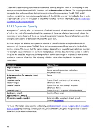 49 
 
Cube data is used in query plans in several scenarios. Some query plans result in the mapping of one 
member to another because of MDX functions such as PrevMember and Parent. The mappings are built 
from cube data and materialized during the construction of the query plans. The IIf, CASE, and IF 
functions can generate expensive query plans as well, should it be necessary to read cube data in order 
to partition cube space for evaluation of one of the branches. For more information, see IIf Function in 
SQL Server 2008 Analysis Services. 
2.3.2.3 Expression Sparsity
An expression’s sparsity refers to the number of cells with nonnull values compared to the total number 
of cells in the result of the evaluation of the expression. If there are relatively few nonnull values, the 
expression is termed sparse. If there are many, the expression is dense. As we shall see later, whether 
an expression is sparse or dense can influence the query plan. 
But how can you tell whether an expression is dense or sparse? Consider a simple noncalculated 
measure – is it dense or sparse? In OLAP, base fact measures are considered sparse by the Analysis 
Services engine. This means that the typical measure does not have values for every attribute member. 
For example, a customer does not purchase most products on most days from most stores. In fact it’s 
the quite the opposite. A typical customer purchases a small percentage of all products from a small 
number of stores on a few days. The following table lists some other simple rules for popular 
expressions. 
Expression  Sparse/dense 
Regular measure  Sparse 
Constant Value  Dense (excluding constant null values, 
true/false values) 
Scalar expression; for example, count, 
.properties 
Dense 
<exp1>+<exp2> 
<exp1>‐<exp2> 
Sparse if both exp1 and exp2 are sparse; 
otherwise dense 
<exp1>*<exp2>  Sparse if either exp1 or exp2 is sparse; 
otherwise dense 
<exp1> / <exp2>  Sparse if <exp1> is sparse; otherwise dense 
Sum(<set>, <exp>) 
Aggregate(<set>, <exp>) 
Inherited from <exp> 
IIf(<cond>, <exp1>, <exp2>)  Determined by sparsity of default branch 
(refer to IIf function) 
 
For more information about sparsity and density, see Gross margin ‐ dense vs. sparse block evaluation 
mode in MDX (http://sqlblog.com/blogs/mosha/archive/2008/11/01/gross‐margin‐dense‐vs‐sparse‐
block‐evaluation‐mode‐in‐mdx.aspx). 
 