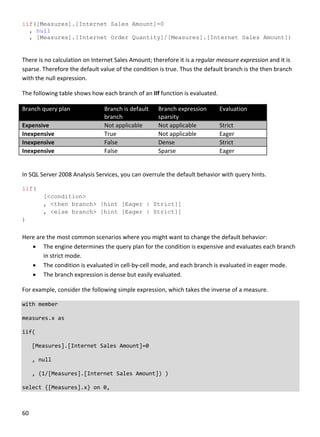 60 
 
iif([Measures].[Internet Sales Amount]=0
, null
, [Measures].[Internet Order Quantity]/[Measures].[Internet Sales Amount])
 
There is no calculation on Internet Sales Amount; therefore it is a regular measure expression and it is 
sparse. Therefore the default value of the condition is true. Thus the default branch is the then branch 
with the null expression.  
The following table shows how each branch of an IIf function is evaluated. 
Branch query plan  Branch is default 
branch 
Branch expression 
sparsity 
Evaluation  
Expensive  Not applicable  Not applicable  Strict 
Inexpensive  True  Not applicable  Eager 
Inexpensive  False  Dense  Strict 
Inexpensive  False  Sparse  Eager 
 
In SQL Server 2008 Analysis Services, you can overrule the default behavior with query hints. 
iif(
[<condition>
, <then branch> [hint [Eager | Strict]]
, <else branch> [hint [Eager | Strict]]
)
 
Here are the most common scenarios where you might want to change the default behavior: 
 The engine determines the query plan for the condition is expensive and evaluates each branch 
in strict mode. 
 The condition is evaluated in cell‐by‐cell mode, and each branch is evaluated in eager mode. 
 The branch expression is dense but easily evaluated. 
For example, consider the following simple expression, which takes the inverse of a measure. 
with member 
measures.x as 
iif( 
   [Measures].[Internet Sales Amount]=0 
   , null 
   , (1/[Measures].[Internet Sales Amount]) ) 
select {[Measures].x} on 0, 
 