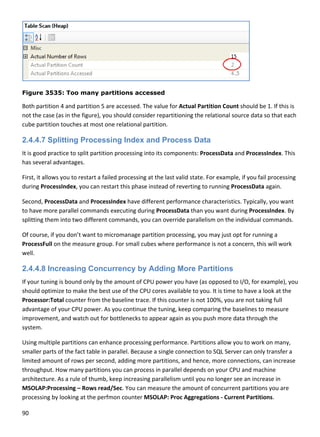 90 
 
 
Figure 3535: Too many partitions accessed
Both partition 4 and partition 5 are accessed. The value for Actual Partition Count should be 1. If this is 
not the case (as in the figure), you should consider repartitioning the relational source data so that each 
cube partition touches at most one relational partition. 
2.4.4.7 Splitting Processing Index and Process Data
It is good practice to split partition processing into its components: ProcessData and ProcessIndex. This 
has several advantages.  
First, it allows you to restart a failed processing at the last valid state. For example, if you fail processing 
during ProcessIndex, you can restart this phase instead of reverting to running ProcessData again. 
Second, ProcessData and ProcessIndex have different performance characteristics. Typically, you want 
to have more parallel commands executing during ProcessData than you want during ProcessIndex. By 
splitting them into two different commands, you can override parallelism on the individual commands. 
Of course, if you don’t want to micromanage partition processing, you may just opt for running a 
ProcessFull on the measure group. For small cubes where performance is not a concern, this will work 
well. 
2.4.4.8 Increasing Concurrency by Adding More Partitions
If your tuning is bound only by the amount of CPU power you have (as opposed to I/O, for example), you 
should optimize to make the best use of the CPU cores available to you. It is time to have a look at the 
Processor:Total counter from the baseline trace. If this counter is not 100%, you are not taking full 
advantage of your CPU power. As you continue the tuning, keep comparing the baselines to measure 
improvement, and watch out for bottlenecks to appear again as you push more data through the 
system. 
Using multiple partitions can enhance processing performance. Partitions allow you to work on many, 
smaller parts of the fact table in parallel. Because a single connection to SQL Server can only transfer a 
limited amount of rows per second, adding more partitions, and hence, more connections, can increase 
throughput. How many partitions you can process in parallel depends on your CPU and machine 
architecture. As a rule of thumb, keep increasing parallelism until you no longer see an increase in 
MSOLAP:Processing – Rows read/Sec. You can measure the amount of concurrent partitions you are 
processing by looking at the perfmon counter MSOLAP: Proc Aggregations ‐ Current Partitions. 
 