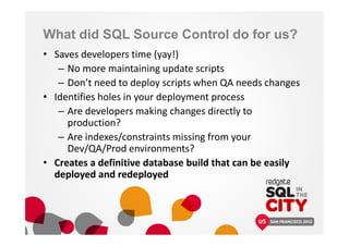 What did SQL Source Control do for us?
• Saves developers time (yay!)
– No more maintaining update scripts
– Don’t need to deploy scripts when QA needs changes
• Identifies holes in your deployment process
– Are developers making changes directly to
production?
– Are indexes/constraints missing from your
Dev/QA/Prod environments?
• Creates a definitive database build that can be easily
deployed and redeployed
 