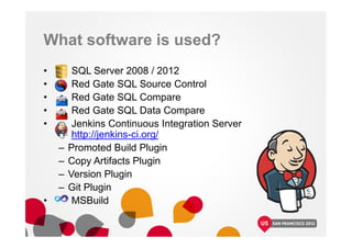 What software is used?
• SQL Server 2008 / 2012
• Red Gate SQL Source Control
• Red Gate SQL Compare
• Red Gate SQL Data Compare
• Jenkins Continuous Integration Server
http://jenkins-ci.org/
– Promoted Build Plugin
– Copy Artifacts Plugin
– Version Plugin
– Git Plugin
• MSBuild
 