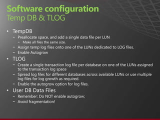 Software configuration
Temp DB & TLOG
•
    −
        −
    −
    −
•
    −

    −

    −
•
    −
    −
 