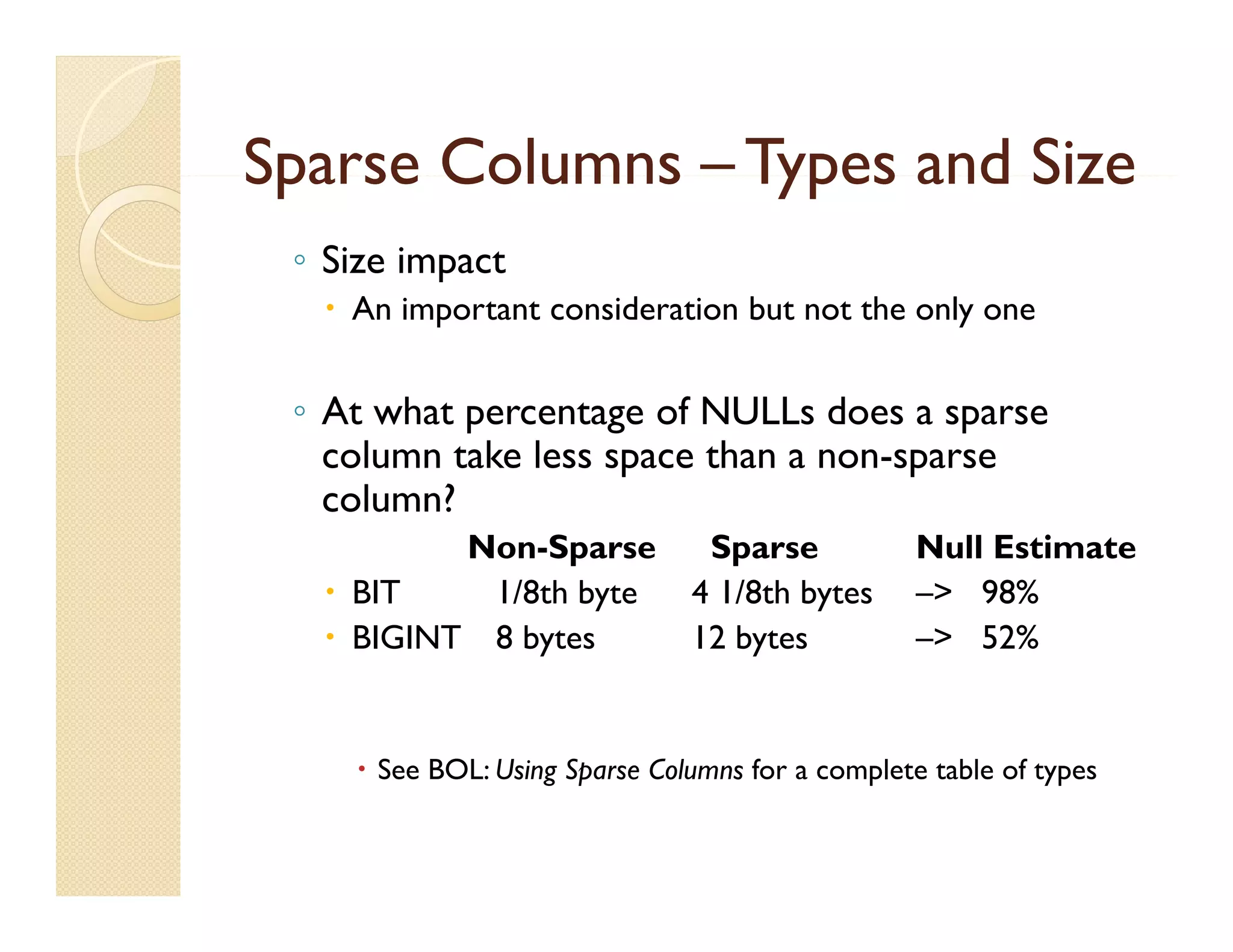 Sparse Columns – Types and Size
 ◦ Size impact
   An important consideration but not the only one


 ◦ At what percentage of NULLs does a sparse
   column take less space than a non-sparse
   column?
          Non-Sparse
          N    S                Sparse
                                S                 Null Estimate
                                                  N ll E i
   BIT    1/8th byte          4 1/8th bytes      –> 98%
   BIGINT 8 bytes
              y                12 bytes
                                   y              –> 52%


     See BOL: Using Sparse Columns for a complete table of types
 