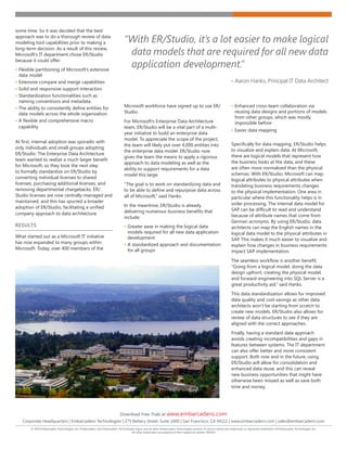Download Free Trials at www.embarcadero.com
Corporate Headquarters | Embarcadero Technologies | 275 Battery Street, Suite 1000 | San Francisco, CA 94111 | www.embarcadero.com | sales@embarcadero.com
© 2014 Embarcadero Technologies, Inc. Embarcadero, the Embarcadero Technologies logos, and all other Embarcadero Technologies product or service names are trademarks or registered trademarks of Embarcadero Technologies, Inc.
All other trademarks are property of their respective owners. 092914
some time. So it was decided that the best
approach was to do a thorough review of data
modeling tool capabilities prior to making a
long-term decision. As a result of this review,
Microsoft’s IT department chose ER/Studio
because it could offer:
•	Flexible partitioning of Microsoft’s extensive
data model
•	Extensive compare and merge capabilities
•	Solid and responsive support interaction
•	Standardization functionalities such as
naming conventions and metadata
•	The ability to consistently define entities for
data models across the whole organization
•	A flexible and comprehensive macro
capability
At first, internal adoption was sporadic with
only individuals and small groups adopting
ER/Studio. The Enterprise Data Architecture
team wanted to realize a much larger benefit
for Microsoft, so they took the next step
to formally standardize on ER/Studio by
converting individual licenses to shared
licenses, purchasing additional licenses, and
removing departmental chargebacks. ER/
Studio licenses are now centrally-managed and
maintained, and this has spurred a broader
adoption of ER/Studio, facilitating a unified
company approach to data architecture.
RESULTS
What started out as a Microsoft IT initiative
has now expanded to many groups within
Microsoft. Today, over 400 members of the
Microsoft workforce have signed up to use ER/
Studio.
For Microsoft’s Enterprise Data Architecture
team, ER/Studio will be a vital part of a multi-
year initiative to build an enterprise data
model. To appreciate the scope of the project,
the team will likely put over 4,000 entities into
the enterprise data model. ER/Studio now
gives the team the means to apply a rigorous
approach to data modeling as well as the
ability to support requirements for a data
model this large.
“The goal is to work on standardizing data and
to be able to define and repurpose data across
all of Microsoft,” said Hanks.
In the meantime, ER/Studio is already
delivering numerous business benefits that
include:
•	Greater ease in making the logical data
models required for all new data application
development
•	A standardized approach and documentation
for all groups
•	Enhanced cross-team collaboration via
reusing data designs and portions of models
from other groups, which was mostly
impossible before
•	Easier data mapping
Specifically for data mapping, ER/Studio helps
to visualize and explain data. At Microsoft,
there are logical models that represent how
the business looks at the data, and these
are often more normalized than the physical
schemas. With ER/Studio, Microsoft can map
logical attributes to physical attributes when
translating business requirements changes
to the physical implementation. One area in
particular where this functionality helps is in
order processing. The internal data model for
SAP can be difficult to read and understand
because of attribute names that come from
German acronyms. By using ER/Studio, data
architects can map the English names in the
logical data model to the physical attributes in
SAP. This makes it much easier to visualize and
explain how changes in business requirements
impact SAP implementation.
The seamless workflow is another benefit.
“Going from a logical model, doing the data
design upfront, creating the physical model,
and forward-engineering into SQL Server is a
great productivity aid,” said Hanks.
This data standardization allows for improved
data quality and cost-savings as other data
architects won’t be starting from scratch to
create new models. ER/Studio also allows for
review of data structures to see if they are
aligned with the correct approaches.
Finally, having a standard data approach
avoids creating incompatibilities and gaps in
features between systems. The IT department
can also offer better and more consistent
support. Both now and in the future, using
ER/Studio will allow for consolidation and
enhanced data reuse, and this can reveal
new business opportunities that might have
otherwise been missed as well as save both
time and money.
“With ER/Studio, it’s a lot easier to make logical
data models that are required for all new data
application development.”
– Aaron Hanks, Principal IT Data Architect
 