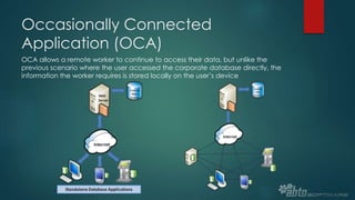 Occasionally Connected
Application (OCA)
OCA allows a remote worker to continue to access their data, but unlike the
previous scenario where the user accessed the corporate database directly, the
information the worker requires is stored locally on the user’s device
 