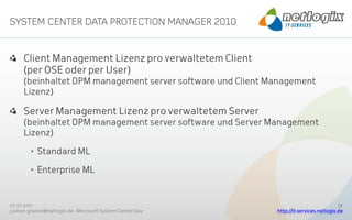Client Management Lizenz pro verwaltetem Client
     (per OSE oder per User)
     (beinhaltet DPM management server software und Client Management
     Lizenz)

     Server Management Lizenz pro verwaltetem Server
     (beinhaltet DPM management server software und Server Management
     Lizenz)

        • Standard ML

        • Enterprise ML


27.01.2011                                                                              12
jochen.griebel@netlogix.de - Microsoft System Center Day    http://it-services.netlogix.de
 