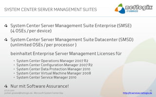 System Center Server Management Suite Enterprise (SMSE)
     (4 OSEs / per device)

     System Center Server Management Suite Datacenter (SMSD)
     (unlimited OSEs / per processor )

     beinhaltet Enterprise Server Management Licenses für
        •   System Center Operations Manager 2007 R2
        •   System Center Configuration Manager 2007 R2
        •   System Center Data Protection Manager 2010
        •   System Center Virtual Machine Manager 2008
        •   System Center Service Manager 2010

     Nur mit Software Assurance!
27.01.2011                                                                              15
jochen.griebel@netlogix.de - Microsoft System Center Day    http://it-services.netlogix.de
 