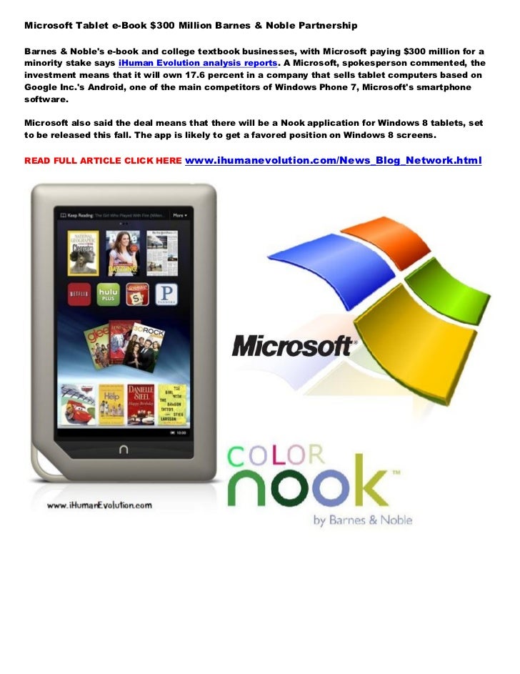 microsoft tablet e book 300 million barnes noble partnership