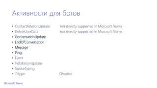 Активности для ботов
• ContactRelationUpdate not directly supported in Microsoft Teams
• DeleteUserData not directly supported in Microsoft Teams
• ConversationUpdate
• EndOfConversation
• Message
• Ping
• Event
• InstallationUpdate
• InvokeTyping
• Trigger Obsolete
 