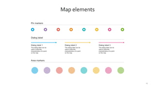 19
Map elements
Pin markers
Dialog label
Dialog label 1
This dialog label can be
used to describe
characteristics of a point
on the map
Dialog label 2
This dialog label can be
used to describe
characteristics of a point
on the map
Dialog label 3
This dialog label can be
used to describe
characteristics of a point
on the map
Area markers
 