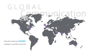Communication
G L O B A L
Chat with virtually any LinkedIn
employee, in any office, at any time
 