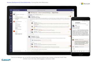 Business Development & Client Relationship - Pursuing New Client Relationships
The Account Manager sets out the RFP proposal details and introduces team members to the task at hand. Team
members react to the news, while engaging in productive chatter.
 