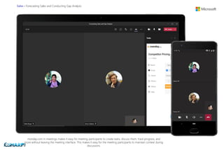 Sales - Forecasting Sales and Conducting Gap Analysis
monday.com in meetings makes it easy for meeting participants to create tasks, discuss them, track progress, and
more without leaving the meeting interface. This makes it easy for the meeting participants to maintain context during
discussions.
 